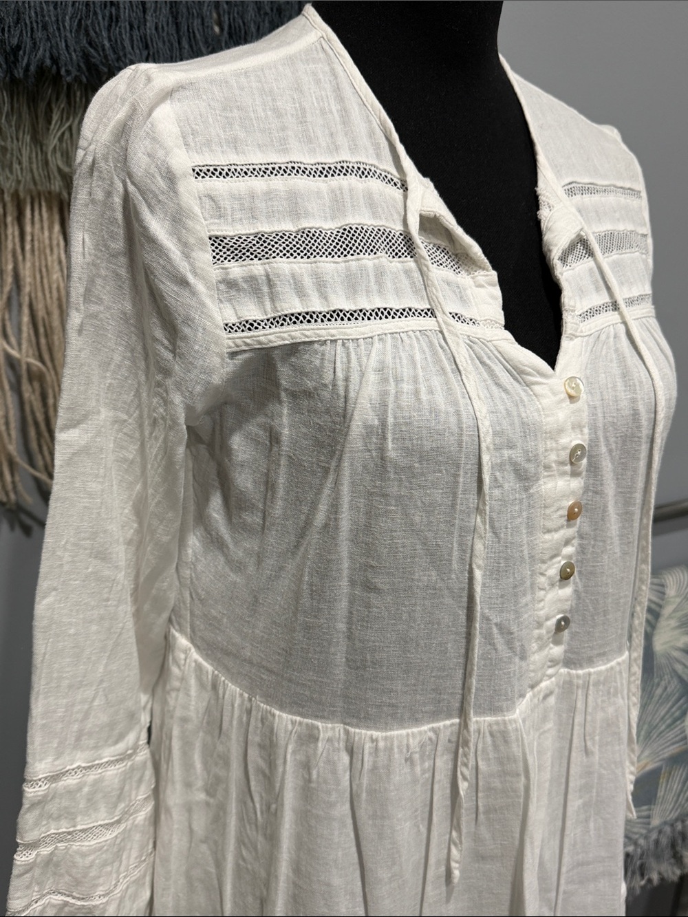 Rails White Linen Blend Boho Mini Dress XS | Lace Trim Peasant Beach Cover Up - Picture 2 of 8